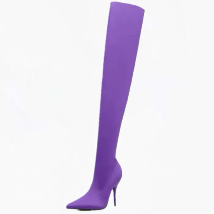 

Botas Largas Elastic Material Large Size Stiletto Heel MOQ 1 Pair Long Thigh Over the Knee High Boots for Women, Purple, apricot, black, apricot( fur inside), black(fur inside)
