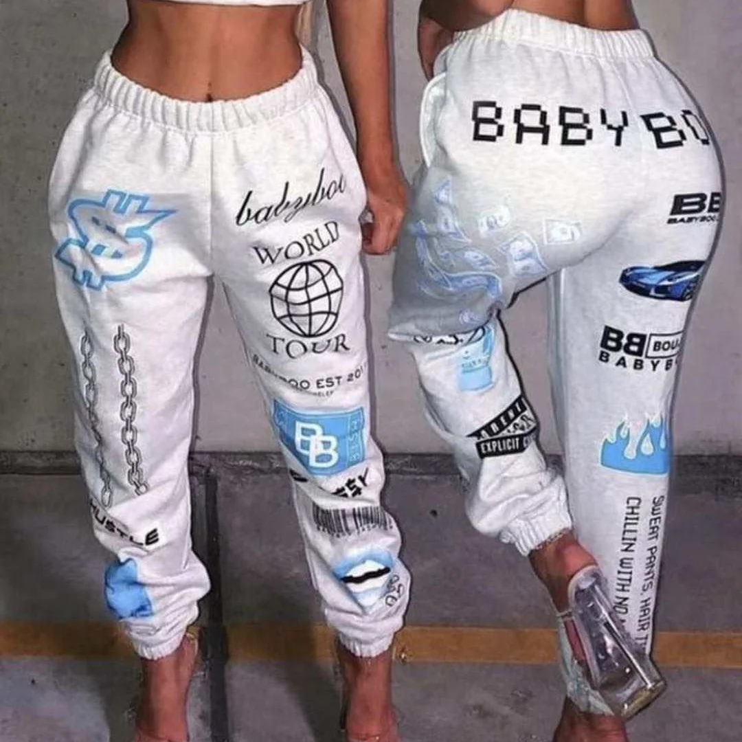 

hot 2021 new arrivals chic design fashion graphic joggers women high waist drawstring long pants with graffiti streetwear