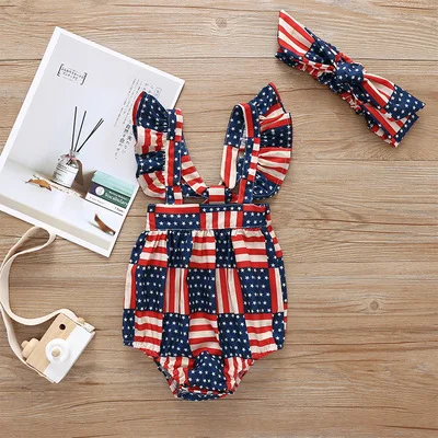 

F40649A ready to ship print national flag sleeveless triangle climbing baby girls' rompers baby boys' rompers, As picture