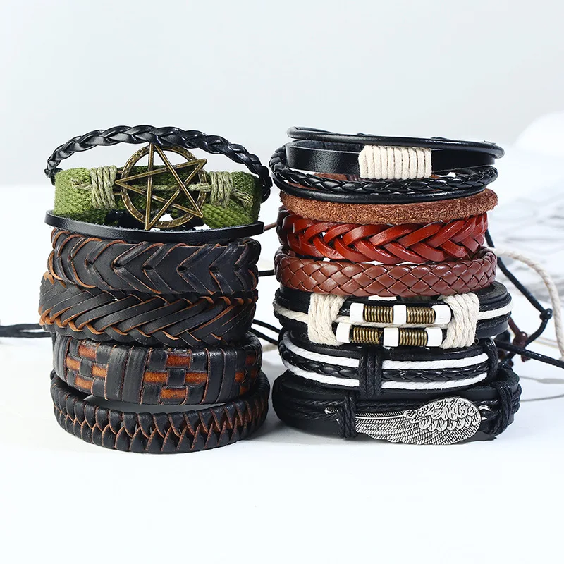 

European and American Vintage Fashion 12 Piece Set Woven Leather Bracelet Men DIY Genuine Leather Bangle Suit Stock Sale, Picture shows