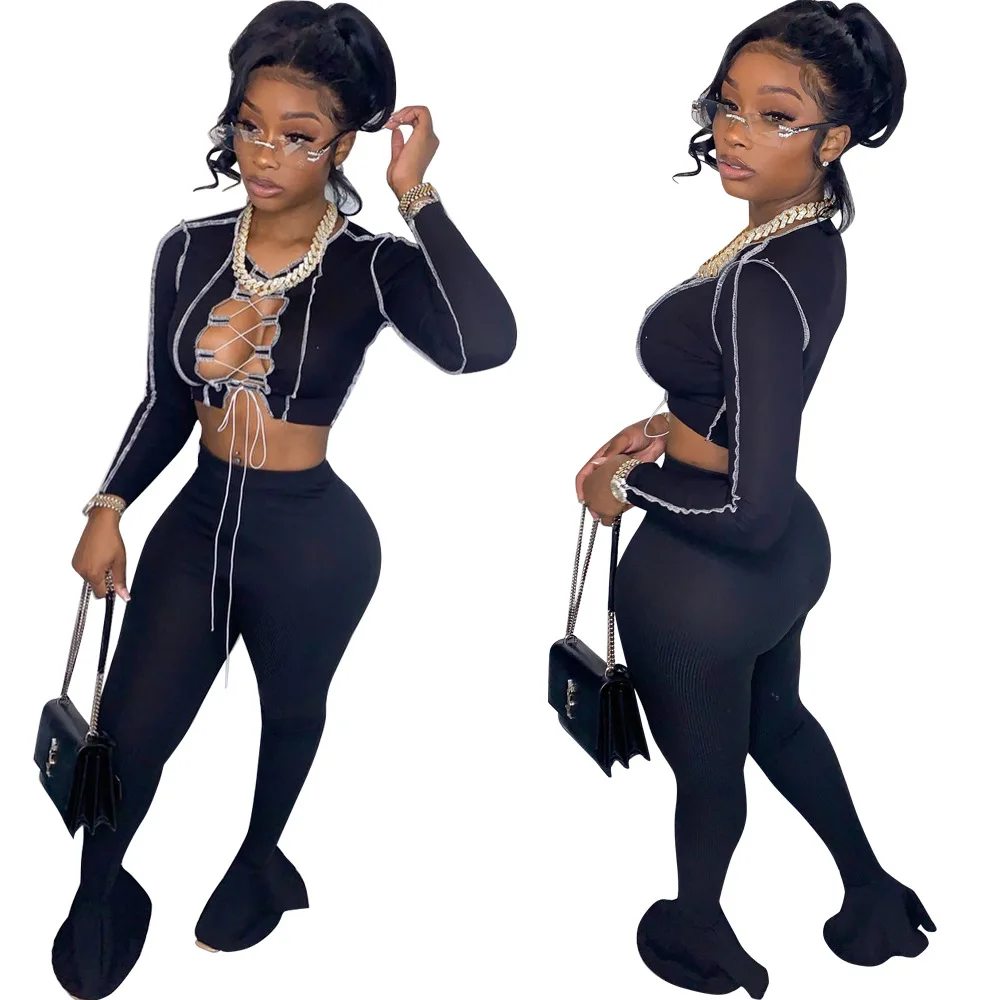 

2022 Fall Fashion Clothes Women Lace Up Crop Top 2 Piece Set Womens Clothing Sets Two Piece Pants Set, Black