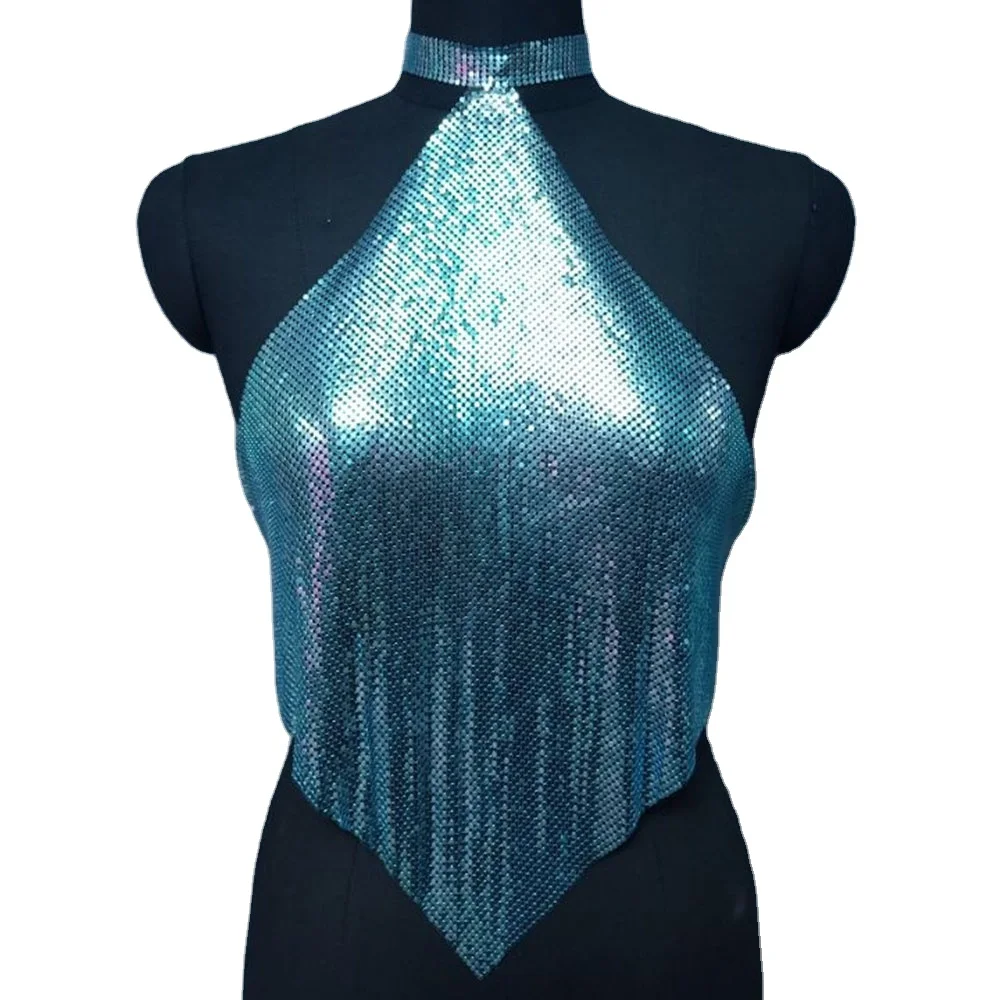 

Trendy Women Wrap Chest Top Sexy Short Vest Sequines Halter No-Sleeve Backless Pleated Metal Chain Lace Up Crop Top Clubwear