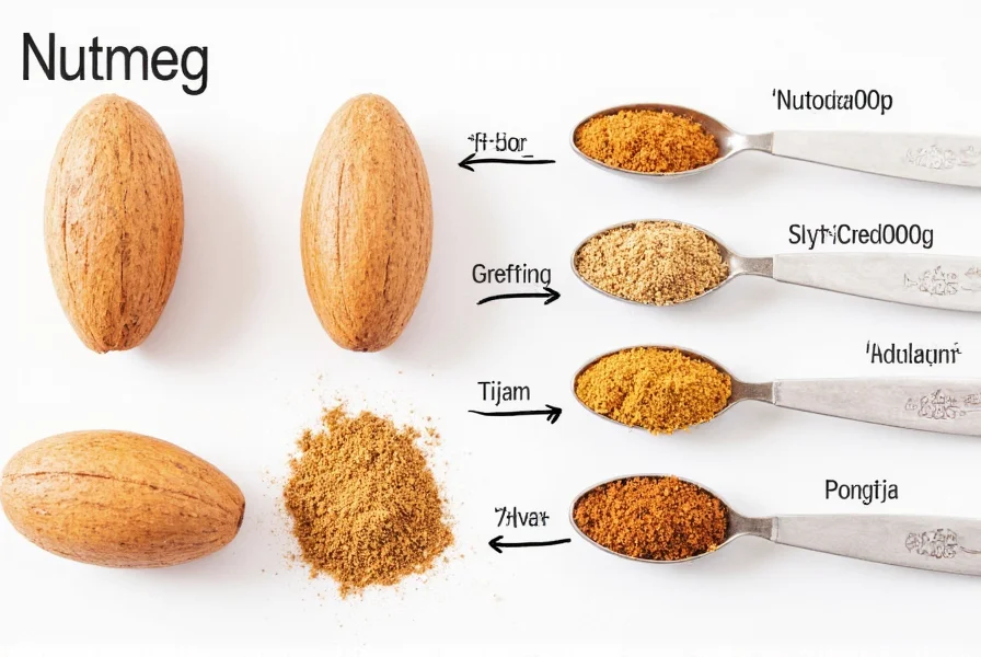 Nutmeg spice in various forms: whole nutmeg, ground nutmeg, and measuring spoons showing safe culinary portions