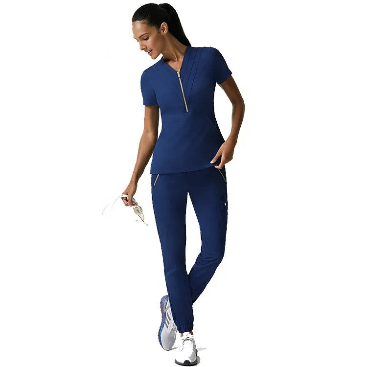 Women's Zip Front Multi Color Vneck Top Scrubs Uniforms Scrub Suit