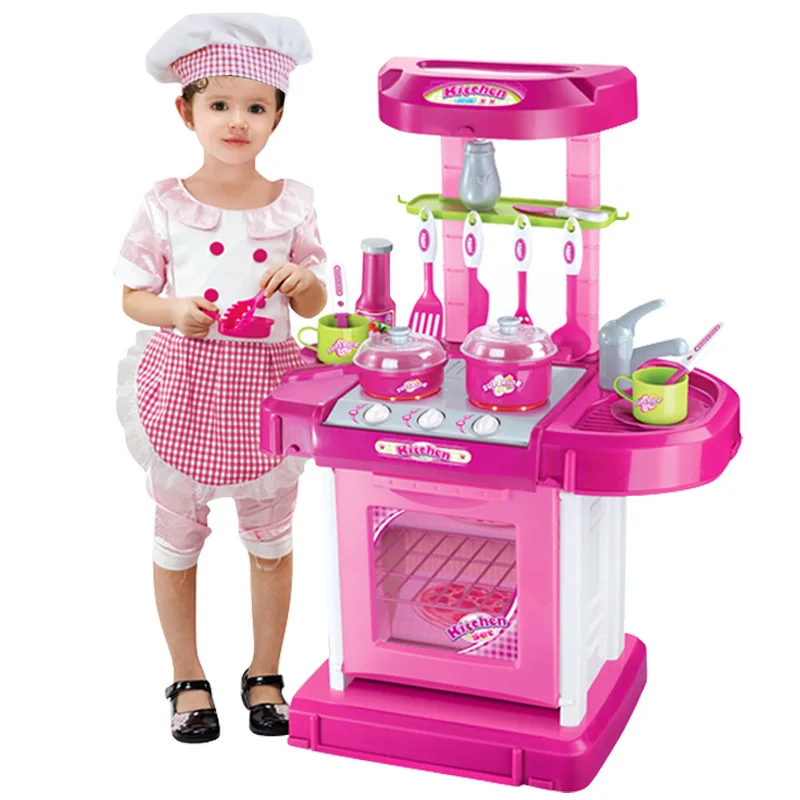 

53 PCS Pink Kitchen Toys Accessories Set Play Toy Kitchen Little Chelf Play set W/ Pretend FoodSounds&Light for Kids