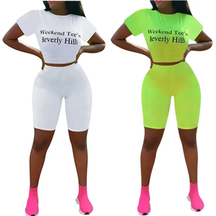 

Two Piece Fitness Crop Top T Shirt Short Set Women