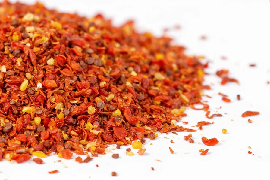 Close-up view of red pepper flakes showing different colored flakes and seeds on white background