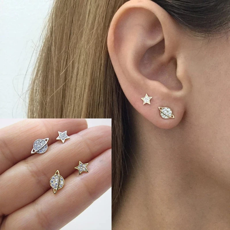 

Wholesale Silver Charm Earrings Asymmetric Stars Planet Earrings Women Earrings Wedding Banquet Gift For Girlfriend, Gold/silver