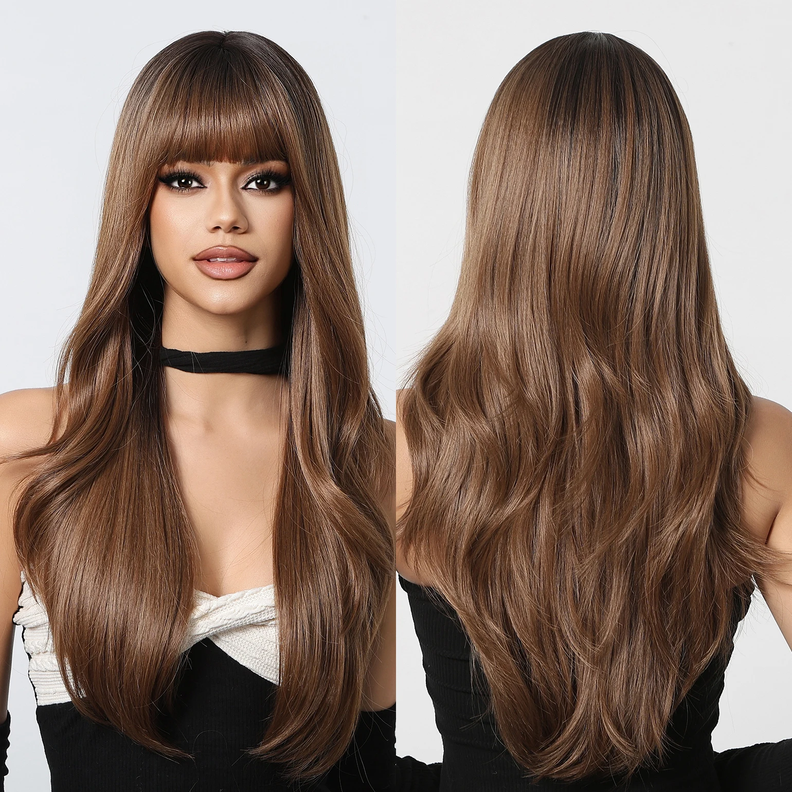 Moq1 Wholesale Synthetic Wig Natural Curly Wave Wig Deep Root Brown Soft Artificial Hair False Scalp High Temperature Resistant