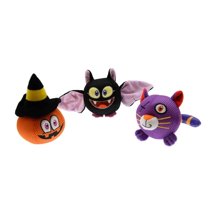 

Halloween Design Cat Bat Pumpkin Ball Pull Stuffed Squeaky Custom Soft Dog Toy Set