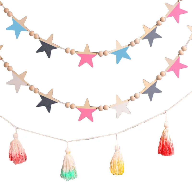 

INS Nordic style Home creative wall decoration Wooden Star Garland tassel wall hanging