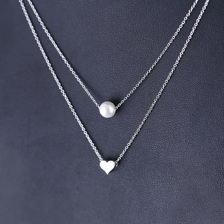 New Simple Fashion Sterling Silver Pearl Love Heart Necklace S925 Double Layer Pearl Necklace