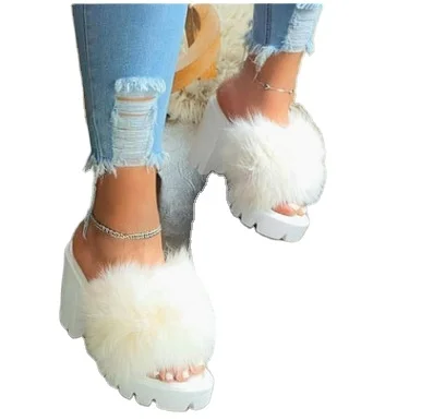 

New 2021 Summer Large Size High Heel Shoes Sexy Platform Casual Women Lady Slippers High Heel Sandals With Big Fur