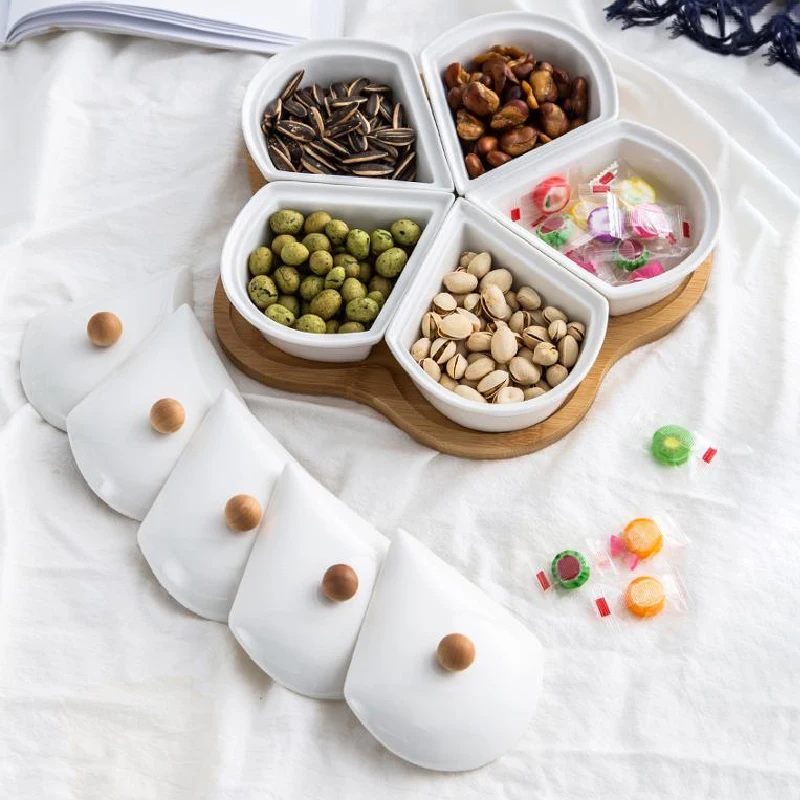 

European-style ceramic fruit plate living room dried fruit plate New Year candy plate with lid for home use, Natural color