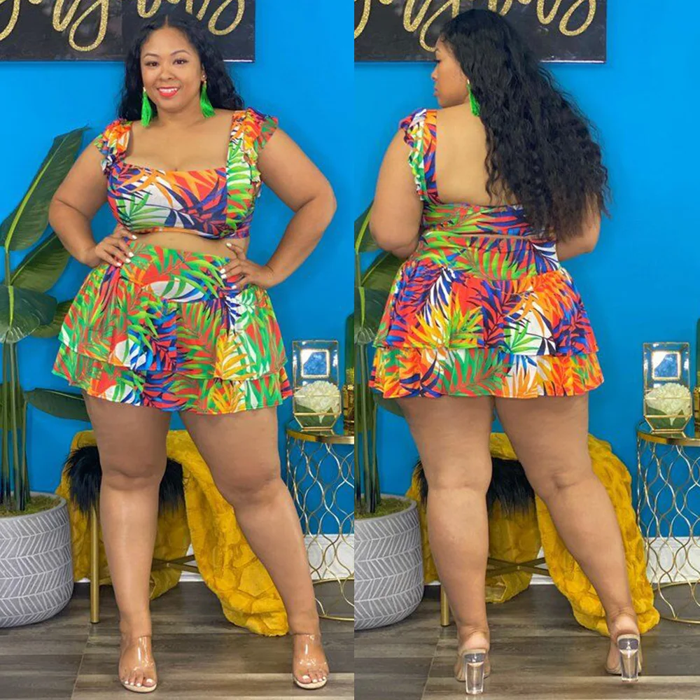 

YD New design plus size 5XL ladies sexy tank top set tropical plants printed night club women two pieces skirt set