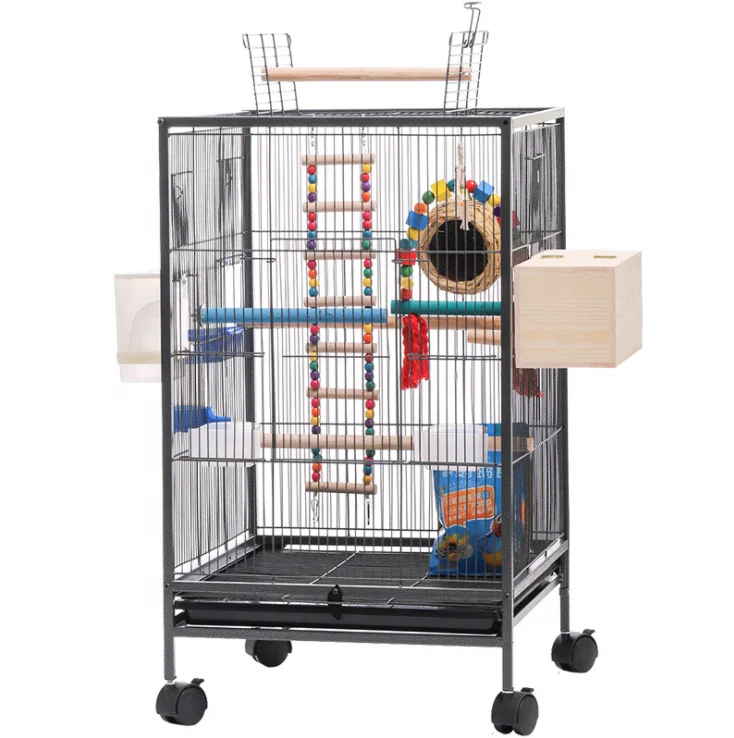 

30 Inch Height Luxury Interactive Wrought Iron Bird Cage with Rolling Stand Breeding for Parrot Pet, White, pink, blue