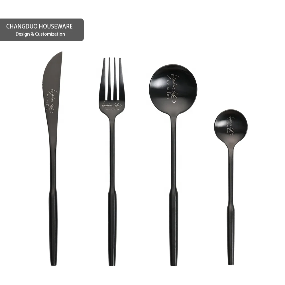 

Best quality metal black flatware set Titanium plating PVD custom logo European simple style odorless stainless steel for hotel
