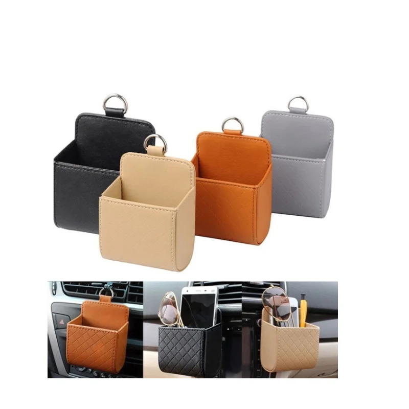 

Universal PU Leather Car Dustbins Mini Air Vent Hanging Trash Can Mobile Phone Holder Bag Pouch, Multi colors