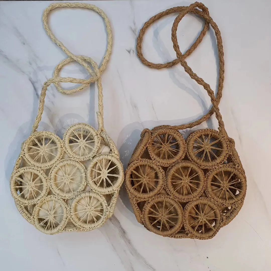 

SP1217 luxury women messenger shoulder woven bag beach vacation straw bags round handmade hollow straw bag, Beige, brown