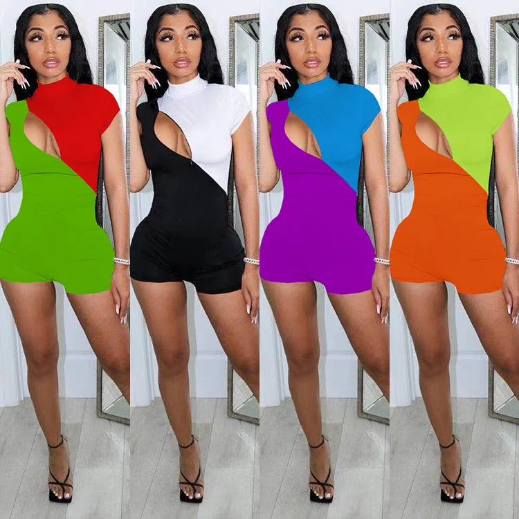 

Hot Sale Summer Short Sleeve Color Block Bodycon Cut Out Sexy Women Shorts One Piece Jumpsuit, Picture