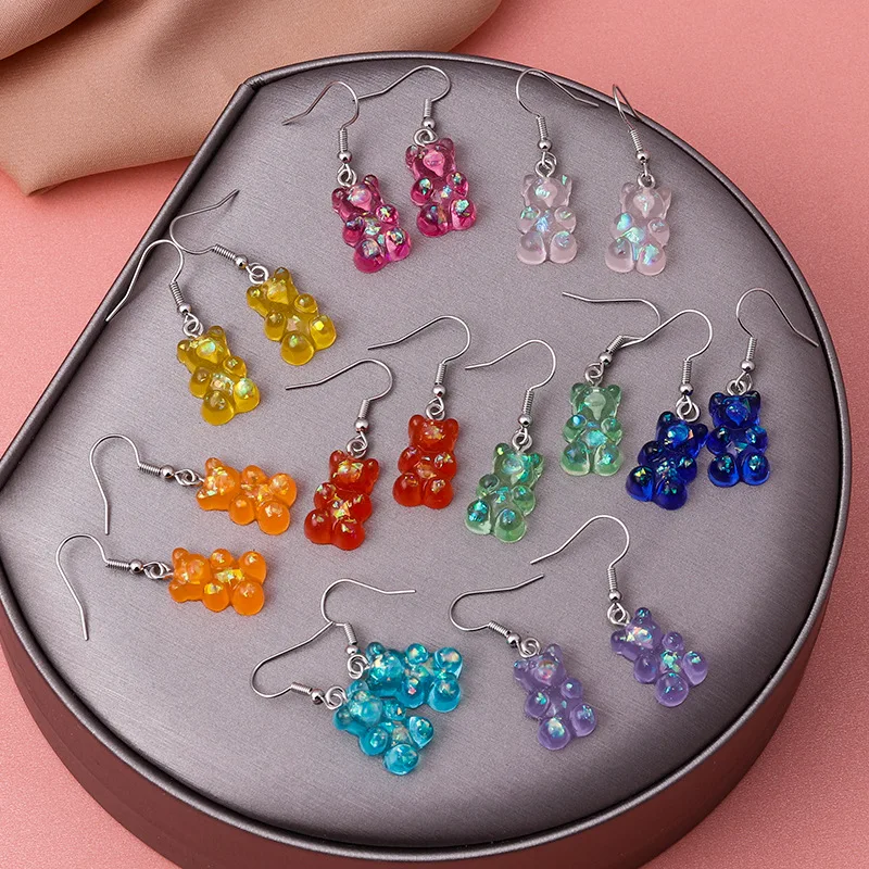 

Best Selling Women Girls Colorful Glitter Cartoon Bear Jewelry Cute Resin Gummy Bear Drop Earrings