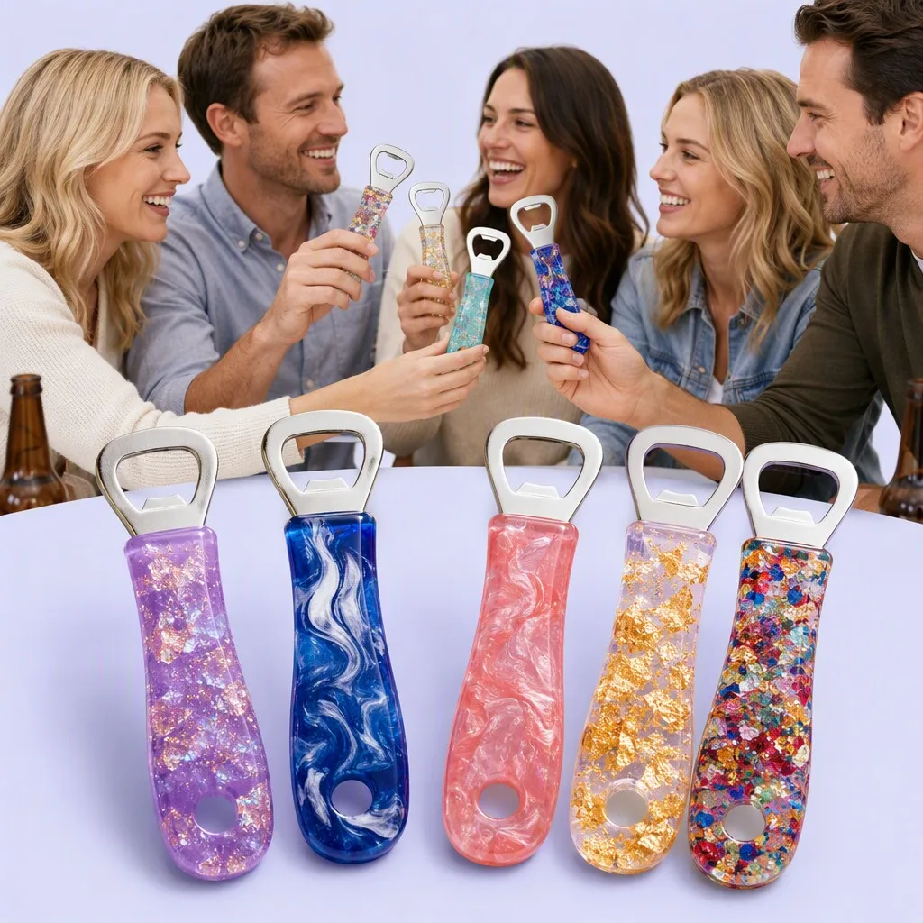 Group of friends toasting with colorful resin bottle openers