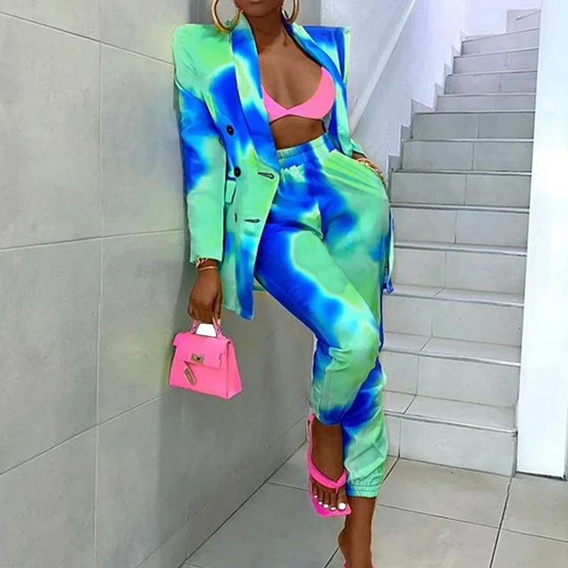

Casual Ladies' Trousers And Blazer Suit With Pockets Tie Dye Set Long Sleeved Fashion Suit Lapel Waist Coat Two-piece Suit