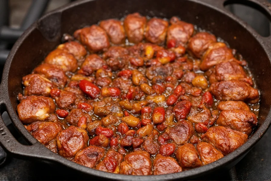 Traditional Ben chili preparation showing cast iron pot with smoked meats and spices