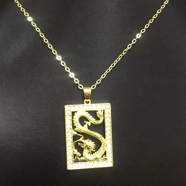 

jialin jewelry Hip Hop Crystal Rhinestone Gold Square Chinese Dragon Animal Pendant Necklace For Women Men