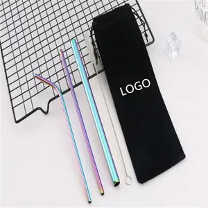 FDA 304 Colored Reusable Stainless Steel Drinking Metal Straws set with Case and Brush