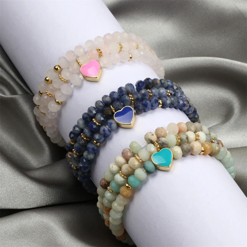 

Fashion Stackable Jewelry Enamel Love Heart Natural Stone Beads Bracelets for Bulks Faceted Gemstone Stretch Bracelet