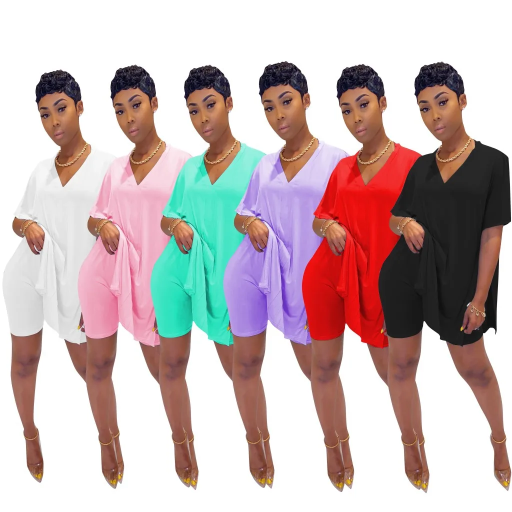 

Custom Logo Women's matching plus size loose fit shirts and tight fit biker shorts sets, Available