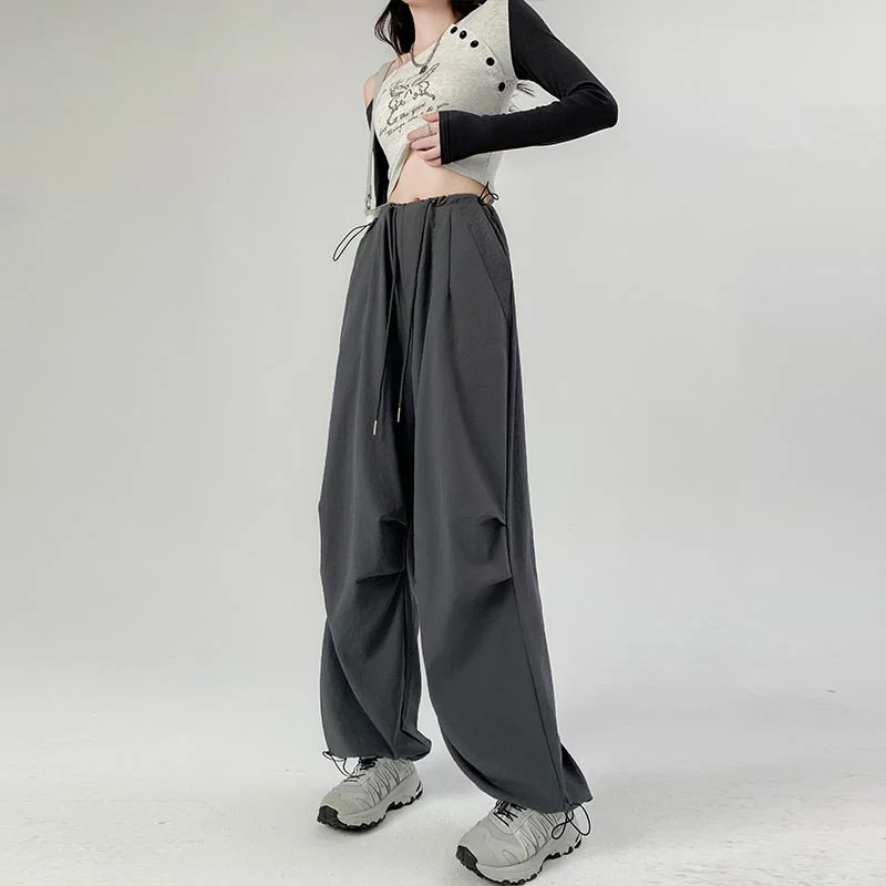 Wholesale High Waisted Women Ladies Casual Straight Trousers Drawstring Elastic Waist Cargo Pants Women
