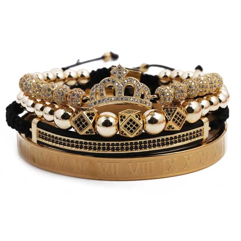 

Fashion Design 6mm Beaded 4pcs/set Men Women Gold Queen Crown Triangle Diamond 8mm Double Row Leather Rope Couple Charm Bracelet, Glod,silver,rose gold,black
