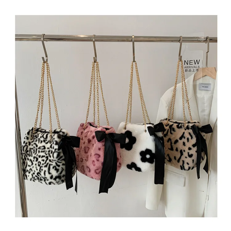 

Autumn and Winter Plush Small Shoulder Bags Ladies Fashion Leopard Print Chain Bucket Bags Bow Ribbon Faux Fur Crossbody Bags