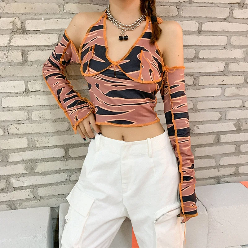 

B54359A Lady fashion long sleeve 2021 new design sexy halter print t-shirt, Shown