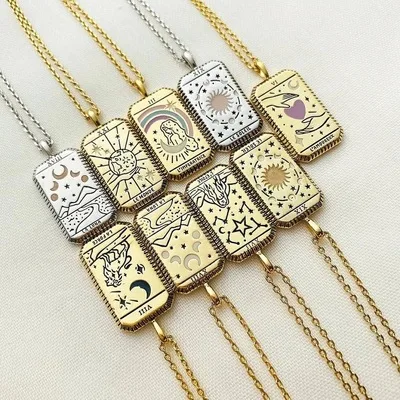

Square Amulet Moon Sun Love Zodiac Pendant Necklace Vintage Gothic 14K Gold Plated Colorful Enamel Card Necklace For Women Gift, Photo