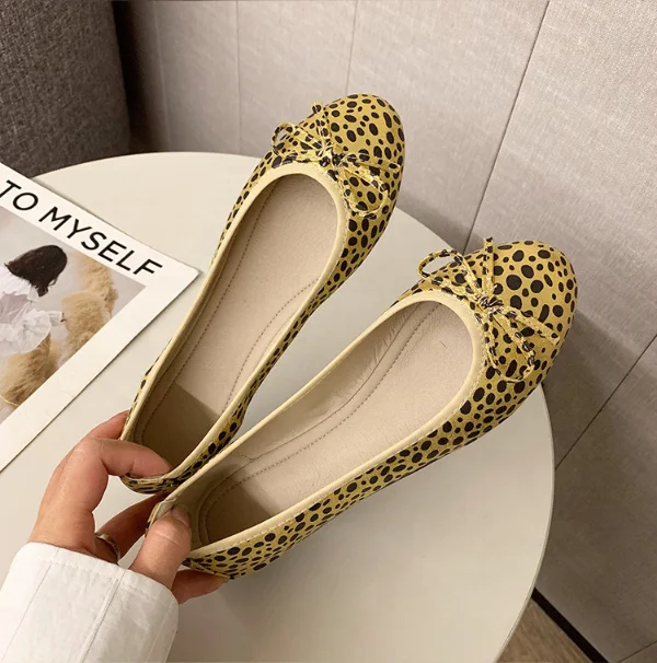 

2021 new flat-bottomed leopard print bowknot round toe shoes women's European and American large size wholesale, Yellow,grey,black