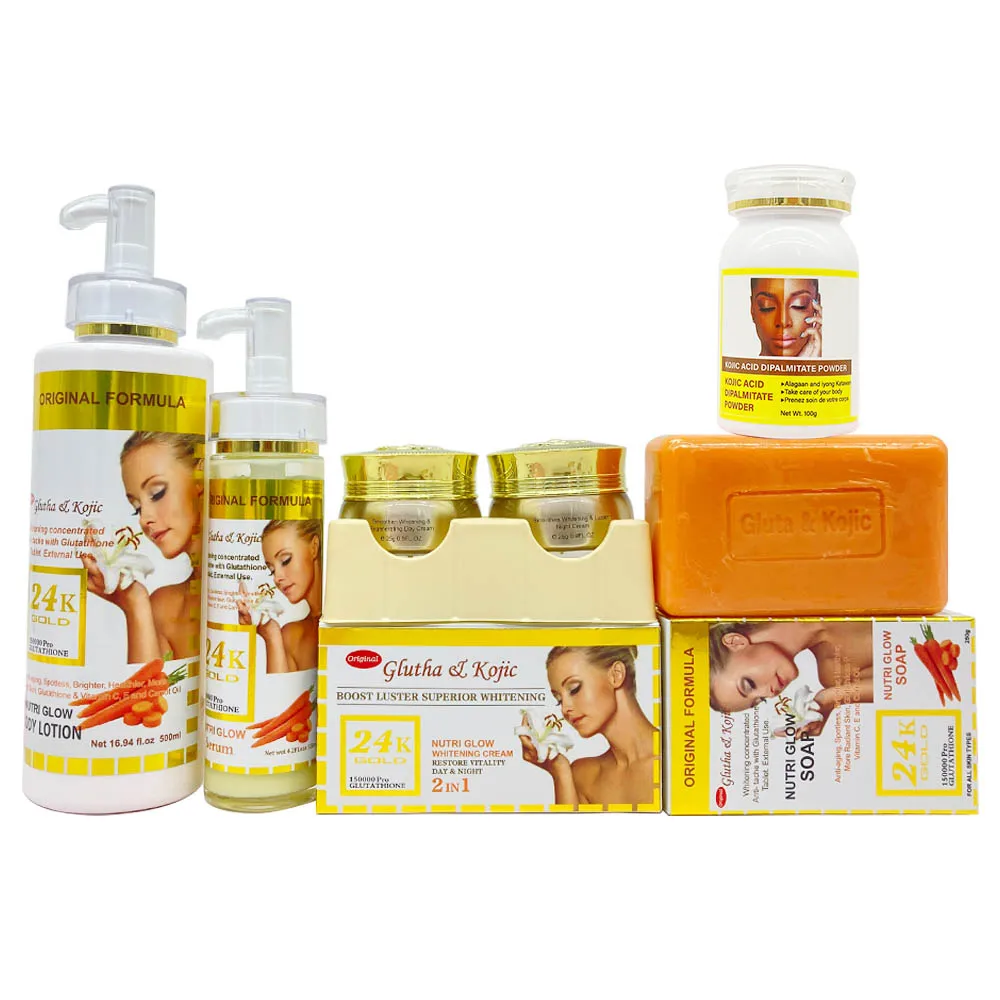 

24Gold K Glutathione & Kojic Carrot with Powder 5pcs Original Super Eclaircissant Whitening Anti Aging Moisturizing Skincare Set, Golden