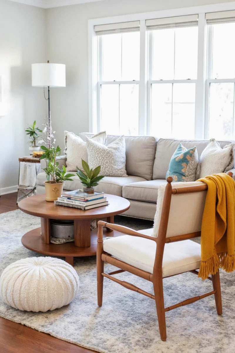 Pet-friendly living room with durable couch and washable rug