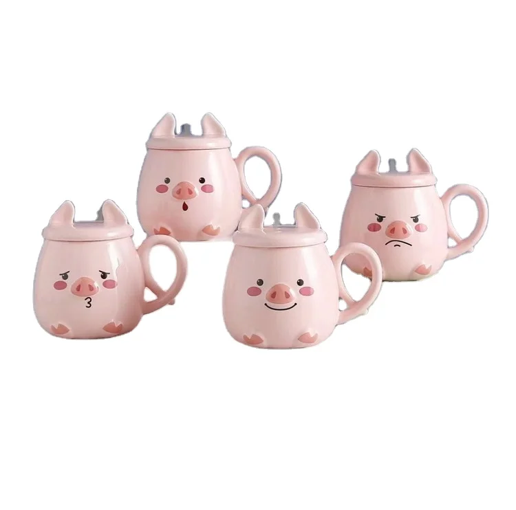 

custom wholesale cartoon ceramic pig coffee mug set with lid and spoon porcelain, Various
