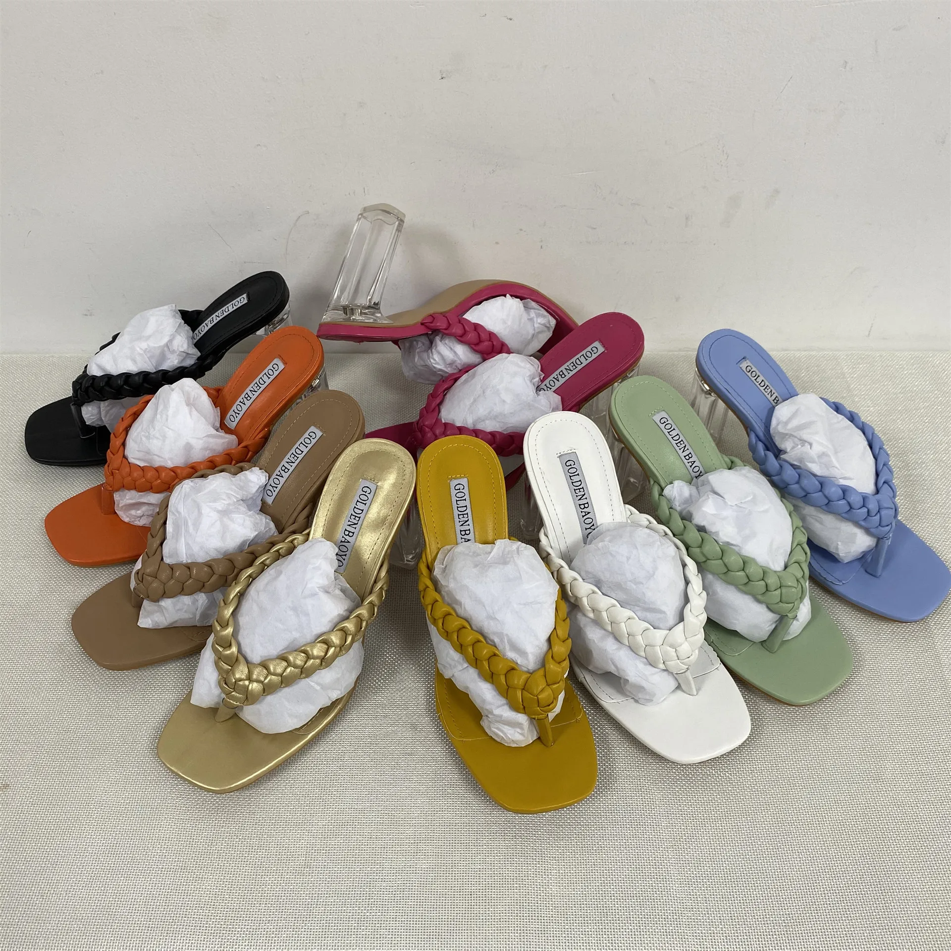 Sandalias Mujer Tacon Alto Designer Handmade Woven Braid Trendy Slippers Mules Shoes Heels for Ladies 2021, White, yellow, rosy pink, green, black, blue, gold, brown, orange