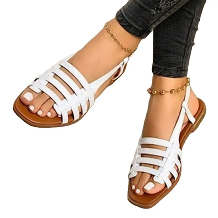 

Fashion Leather Flat Sandals Summer Outdoor Round Toe Slipper Strap sandals for women and ladies