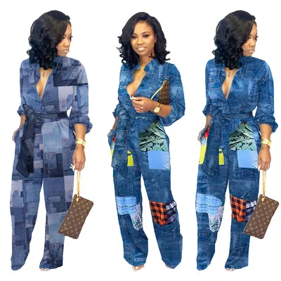 

New arrivals v-neck vest wide leg of the jean jumpsuit long sleeve belt Patchwork print women loose casual jumpsuit, As picture or customized make