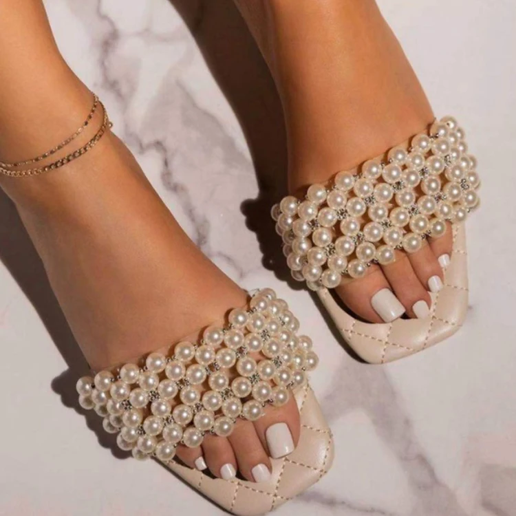 

Cheap non slip slippers Solid Color Outdoor Shoes Women's Casual Beach Flat Roman Style open toe pearl sandals