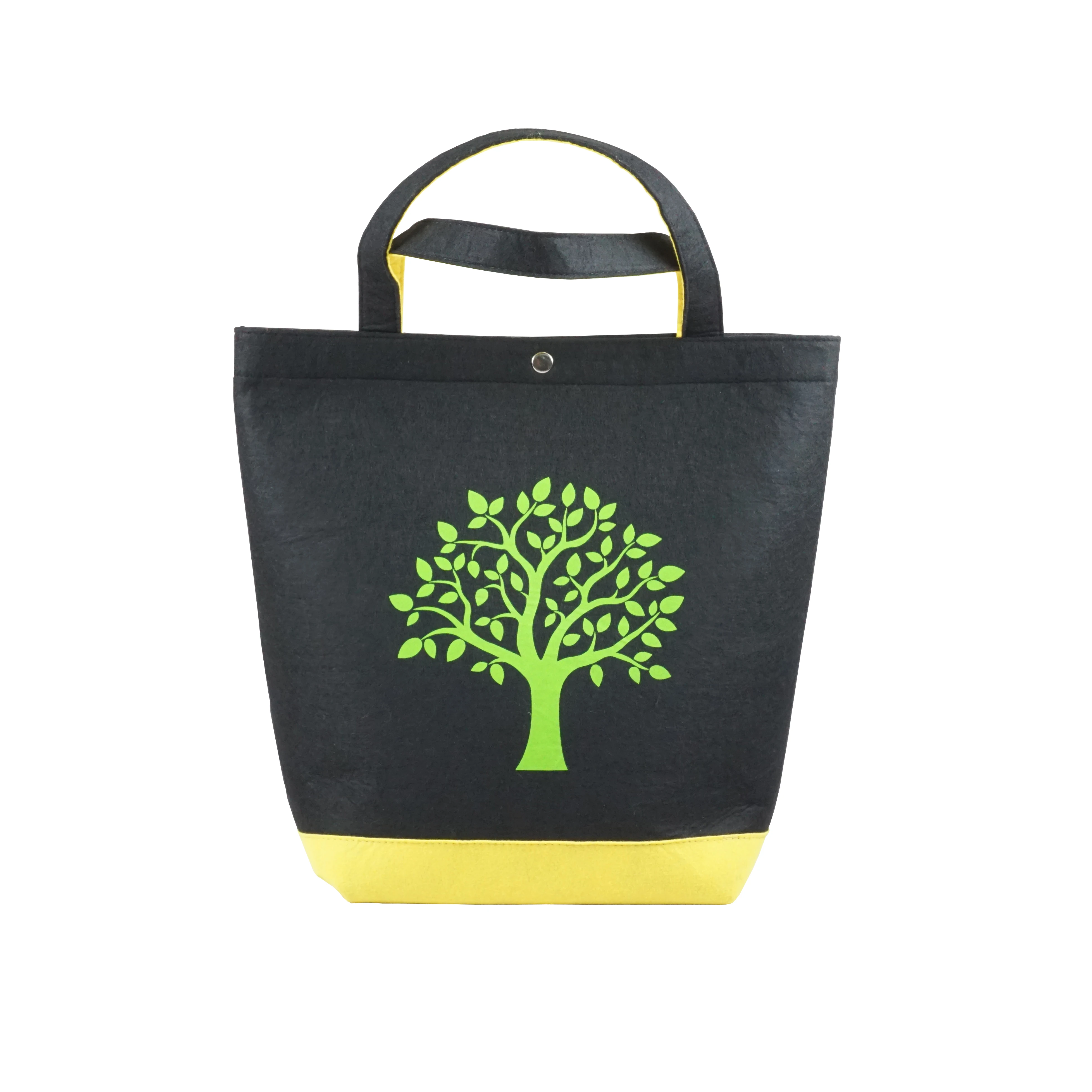 

Upin felt outdoor work shopping tree print logo felt women hand bag with inner pocket, Black and yellow