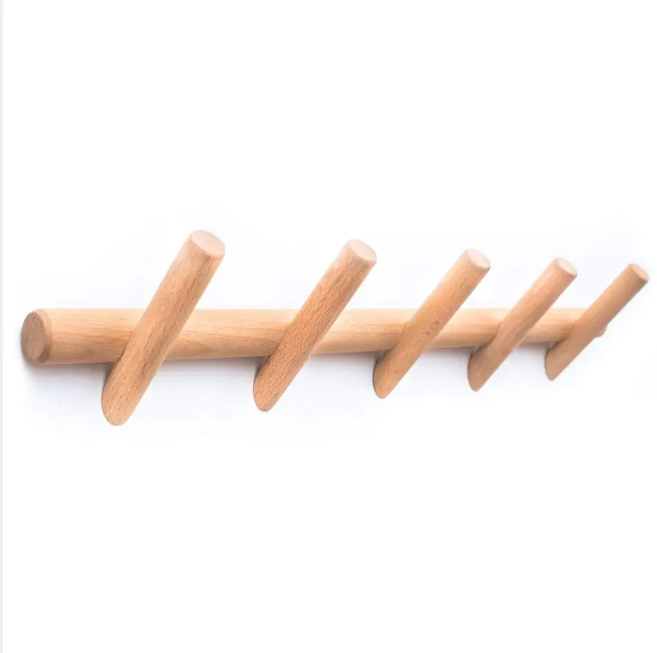 

Durable classic design modern wall mounted coat and hat rack 5 hooks with pegs wooden wall decor bedroom and bathroom robe racks, Brown