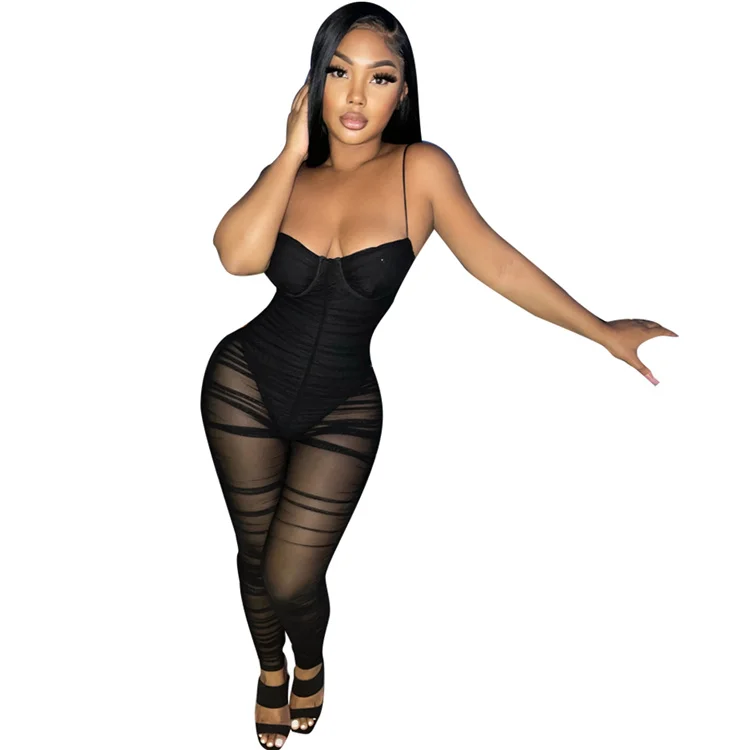 

2021 New Stitching Rompers Sleeveless Backless Tight Sexy Club Wear One Piece Spring Summer Women Jumpsuit, Blcak