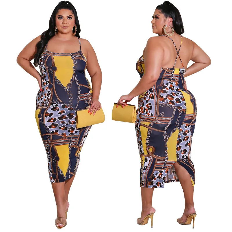 

XL-5XL Wholesale 2021 new digital printing strap halter backless split sexy summer plus size jersey dresses, 1 color , customized color