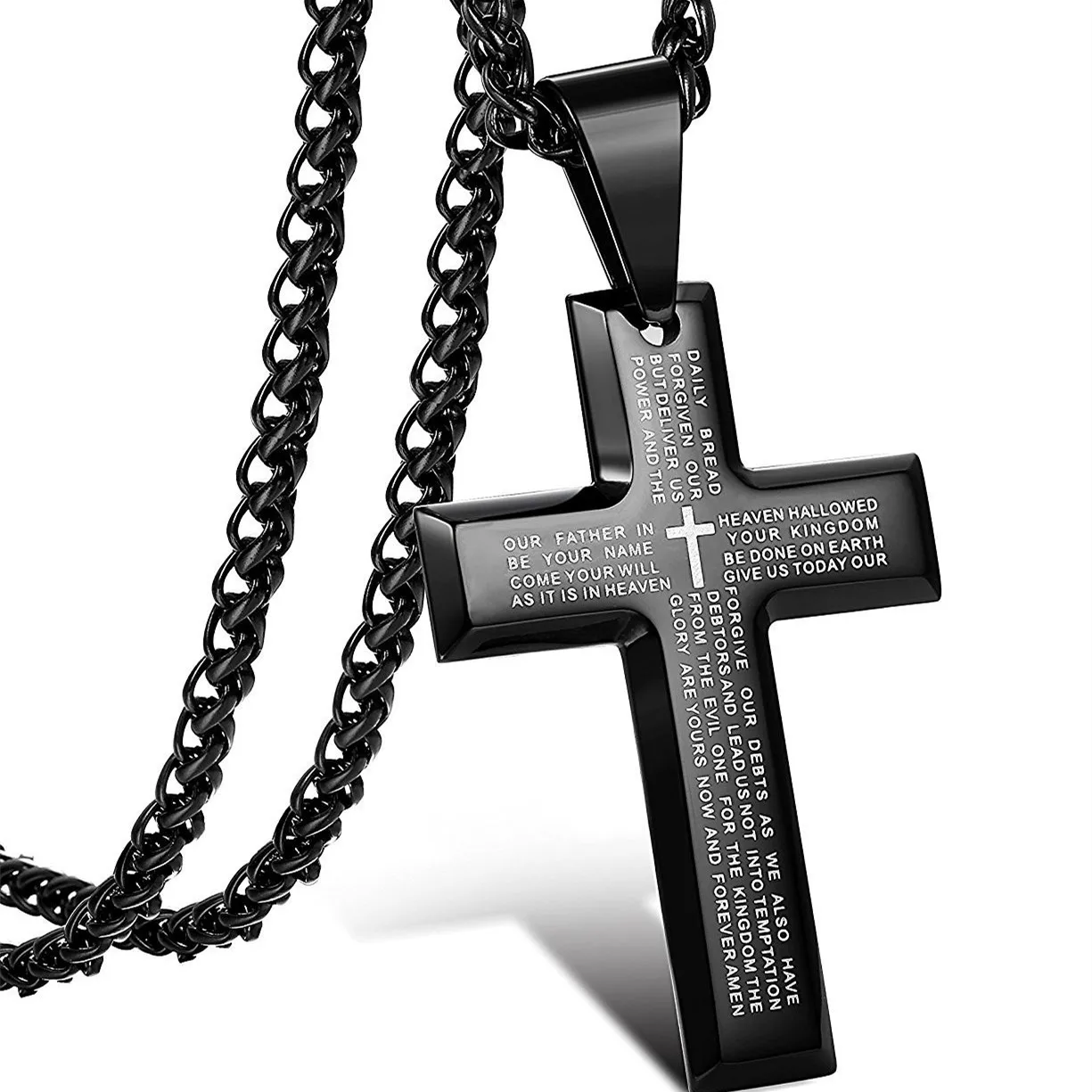 

Black Men Lord's Prayer Heavy Wheat Chain Cross Necklace Pendant Stainless Steel Link Chain 10 Years Jewelry Experience 2 Pcs